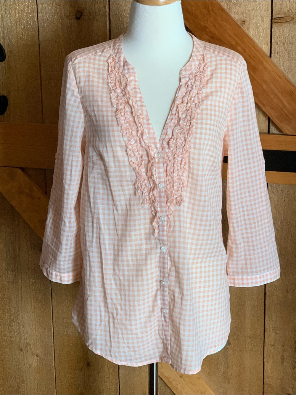 NWT LC Lauren Conrad Peach Gingham Ruffle Button-Front Blouse Size Medium